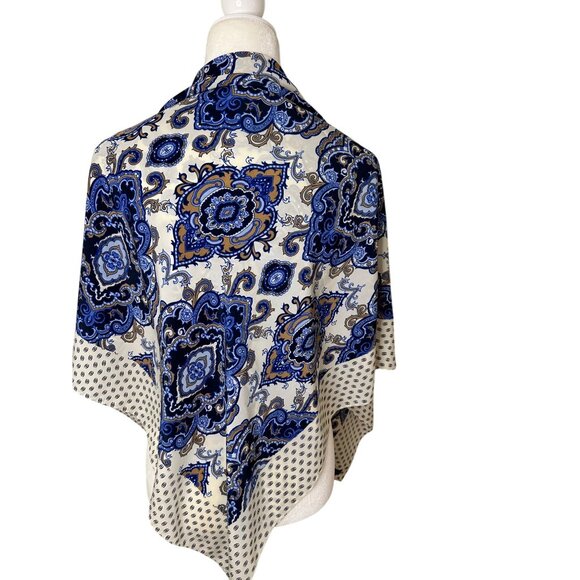 Lands End Blue & Cream Paisley Print Square  Boho Style Scarf Cape Shoulder - Picture 4 of 11